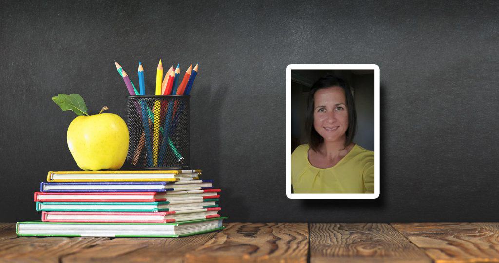 Photo of woman in frame over background of chalkboard with stack of books