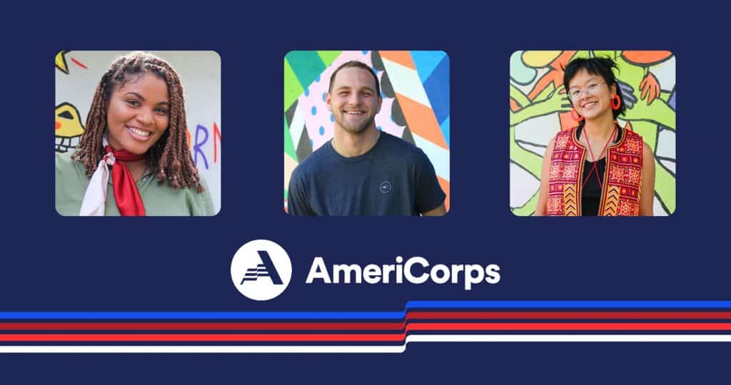 AmeriCorps logo with three photos of members