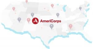 AmeriCorps logo over map of US