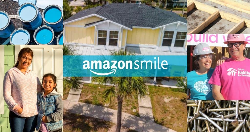 Amazon Smile logo over photo collage of homes, volunteers and building materials