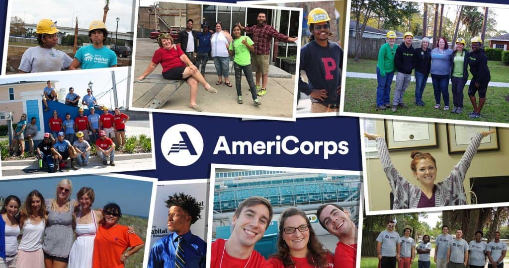 Collage of photos of AmeriCorps Members with AmeriCorps logo at center