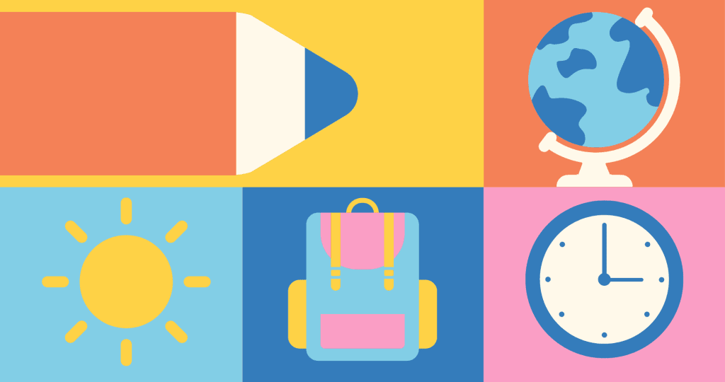 Illustrations of school supplies on colorful background