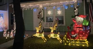 Christmas lights and decorations in front yard