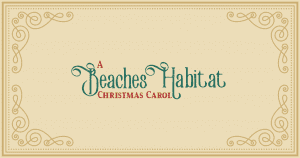 Ornate gold border around text - A Beaches Habitat Christmas Carol