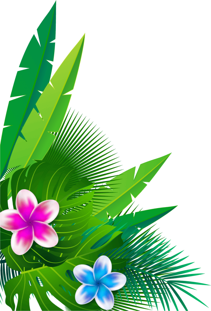 Tropical leaves with blue and pink flowers