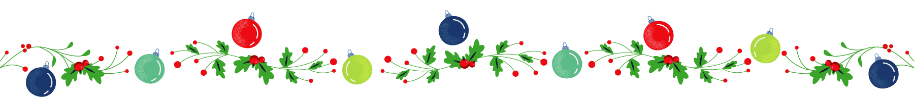 Holiday garland illustration featuring holly leaves, red berries, and colorful Christmas ornaments arranged in a horizontal line.